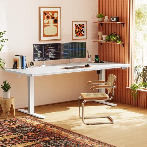 Image of Huuger 71 X 30 Inch Electric Standing Desk with Power Outlets and USB-C Port, Height Adjustable Desk, Sit Stand Desk for Home Office, Computer & Gaming Desk with 4 Presets, Stable Steel Frame, White