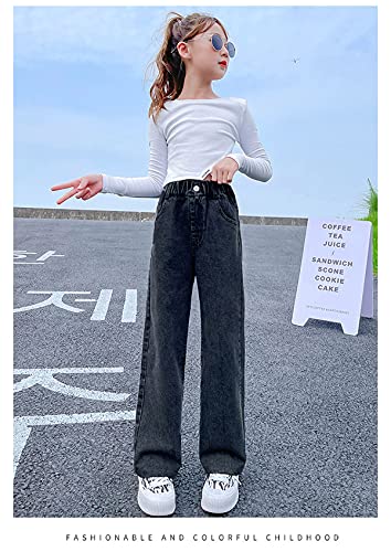 Yayabroe 5-14 Yrs Kids Girls Jeans Distressed Elastic Waist Baggy Washed Denim Wide Leg Pants Trousers (Black, 8-9 Years) #TOP1