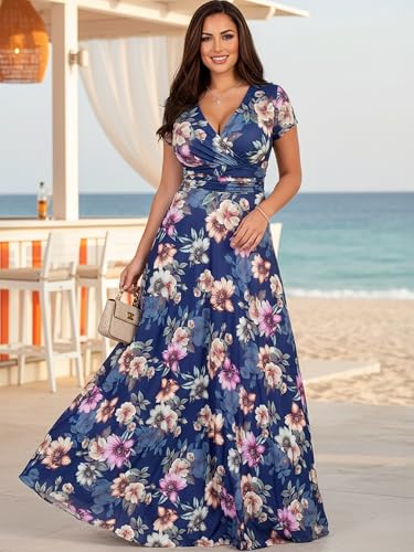 Image of KOH KOH Womens Long Cap Sleeve Floral Print V-Neck Summer Flowy Maxi Dress