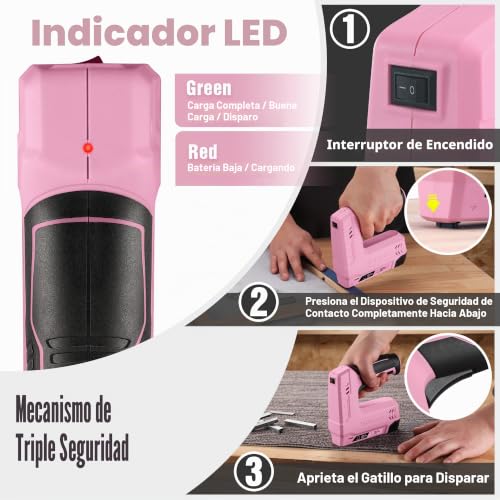Miniatura 4 de Workpro - Grapadora Inalámbrica 3,6 V, 2000 Mah, 2000 Grapas, Grapadora Multifunción 2 En 1, Compatible Con Clavos Y Grapas Tipo 53, 8 Para Proyectos De Bricolaje En Muebles, Carpintería Rosa