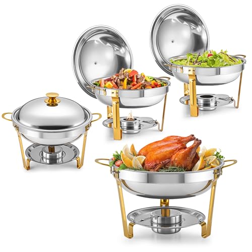 WILPREP - Juego de 4 platos redondos de 5 cuartos de galón con marcos plegables y soportes para tapa, calentadores de alimentos de acero inoxidable de grado alimenticio para...