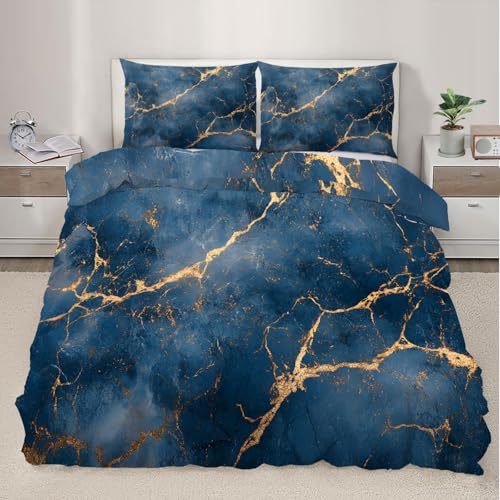 Marble Bedding Set, Navy Blue Marble Soft and Comfortable Microfiber Duvet Cover, Gold Lines Duvet Cover with Zipper + 1 Pillowcases (135x200cm)