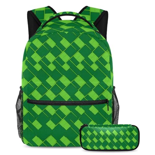 Sac à dos avec trousse à crayons motif géométrique vert multicolore pour l'école