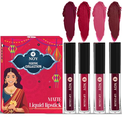 Image of Noy Liquid Matte Festival Pack of 4 Luxe Lipstick Shades Wine, Cherry Pink, Pruple, Maroon Shades