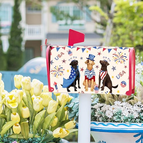 Image of 25.5 inchx21 inch Patriotic Dogs Mailbox Cover Magnetic 4th of July Puppy Waterproof Mailbox Wrap Independence Day USA Stars Letter Post Cover Large Size for Garden Yard Outdoor Decor