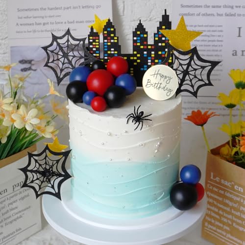 DRWATE Spider Cake Topper with Black Red and Blue Balls Spiders Webs Stars City for Boys Men Birthday Party Baby Shower Supplies (City) - Thumbnail 4