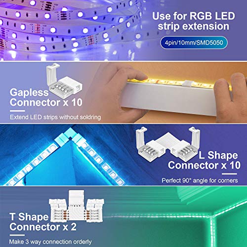 Led Strip Light Connectors Kit, Led Strip Connector Adapter Kit For 10Mm 4 Pin 5050 Rgb Led Lights Diy Accessories, Solderless Adapter L Shape Connector Extension Cable 2 Way Splitter Strip Jumper #TOP3