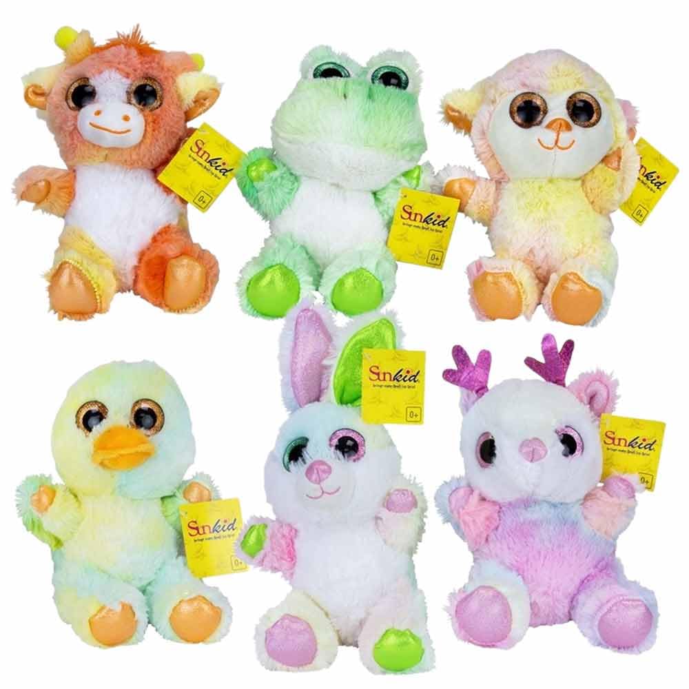 BEMIRO Plüschtiere Set, Bunte Kuscheltiere mit Glitzernden Augen, 6er Pack in Regenbogenfarben, Polyester, ca. 18 cm Groß, Tiermotive in Zufallsauswahl, Geschenk für Kinder ab 0 Jahren