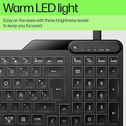 HP 400 Backlit Wired Keyboard | Warm White LED Illuminated Keys w/ 3 Brightness Levels | Slim & Portable Design | 12 Programmable Keys | USB-C cord and USB-A adapter | Spill-Resistant | Black - Image 5