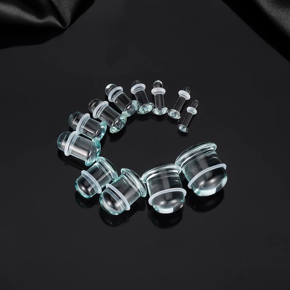Vankula 12PCS/10PCS/8PCS Glass Ear Gauges Stretching Kit, 0.5mm Increments Single Flare Plugs Gauge Stretching Kit with Rubber Rings, Smooth Glass Ear Expander Body Piercing Jewelry 16G-00G