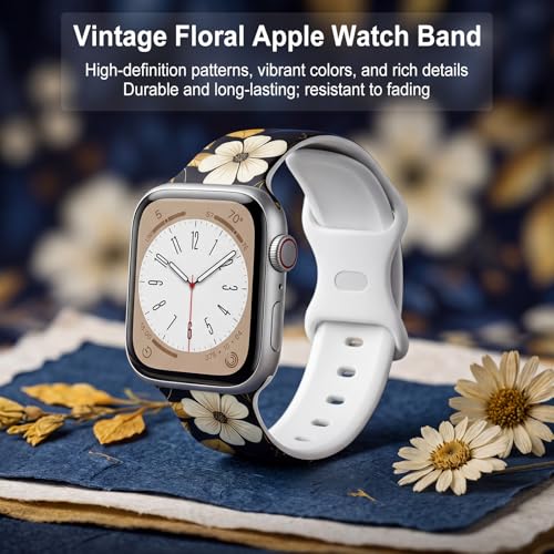 Image of Floral Band Compatible with Apple Watch Bands for Women 40mm 42mm 41mm 38mm 44mm 45mm 46mm 49mm, Cute Pattern Flower Soft Silicone Sport Strap for iWatch Series Ultra 11 10 SE 9 8 7 6 5 4 3 2