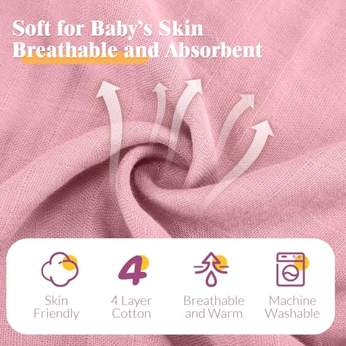 Image of Preboun 6 Pcs Muslin Hooded Baby Towels and Washcloths 32 inchx 32 inch Cotton Newborn Bath Towel Anti-Shrink Infant Baby Blankets with Hood 12 inchx 12 inch Washcloths for Girl Boy Toddler(Light Pink,Purple)
