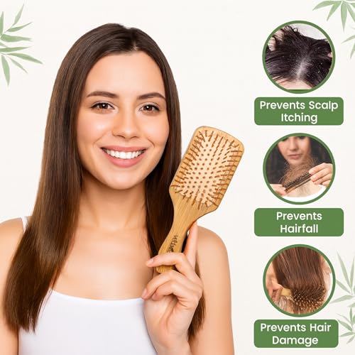 Image of Wooden Paddle Hair Brush for Women & Men, Bamboo Scalp Massage Brush