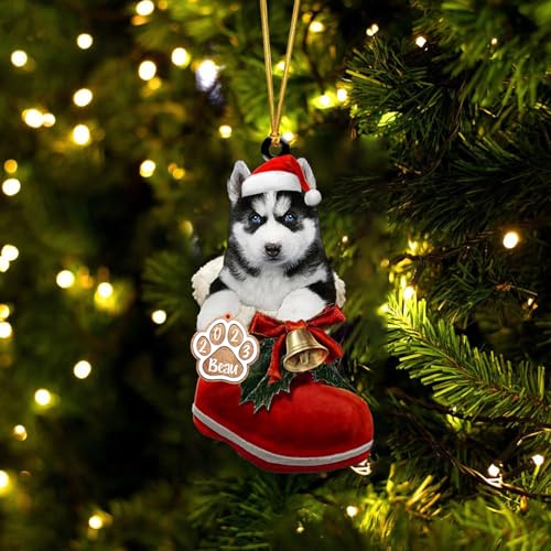 Personalized Siberian Husky Ornament in Santa Boot for Christmas Tree - Style 1
