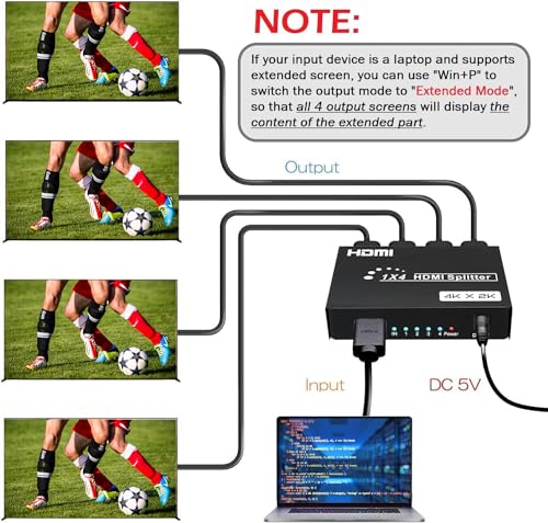 Image of RUHZA 1X4 HDMI Splitter Ultra HD 4K x 2K HDMI Splitter 1 in 4 Out Distributor Ver 1.4 HDCP Bypass Supports 4K@30Hz 1080P 3D for PS4 Xbox Sky Box Fire Stick,DVD Player HDTV Projectorr