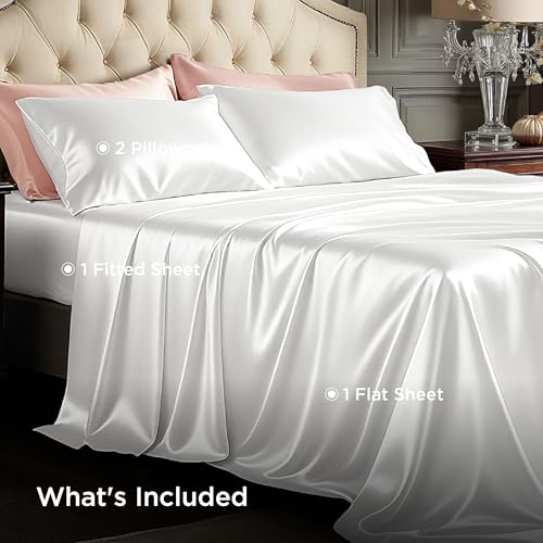 Image of Bedsure White Satin Sheets Queen Size, Soft Silky Bedsheet for Hair & Skin | Similar to Silk Bed Sheets Set 4 Piece with 15 Inches Deep Pocket Fitted Sheet,1 Flat Sheet, 2 Satin Pillowcases