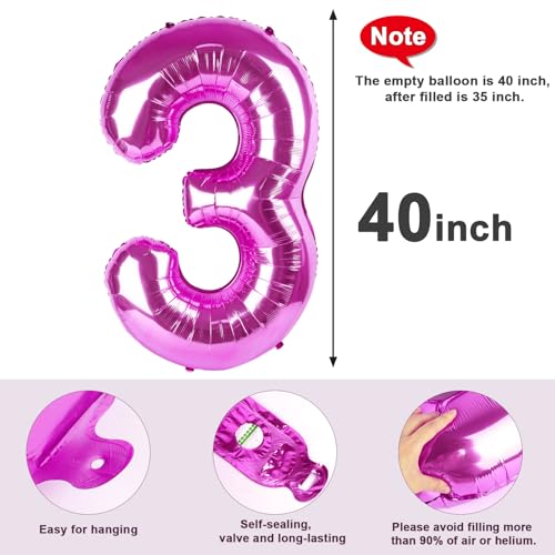 Image of 3 Balloon Numbers Birthday Decorations, 40In Rose Purple Balloons for Party | Eye-catching Appearance, Perfect Decorative Centerpieces, Convenient Self-sealing Structure, Widely for Various Occasions