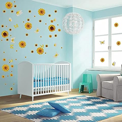 Sunflower Wall Decals - Self-Adhesive Yellow Flowers Sticker Waterproof 3D Floral Butterfly Wall Stickers for Bedroom Living Room TV Wall Art Decpr Cover