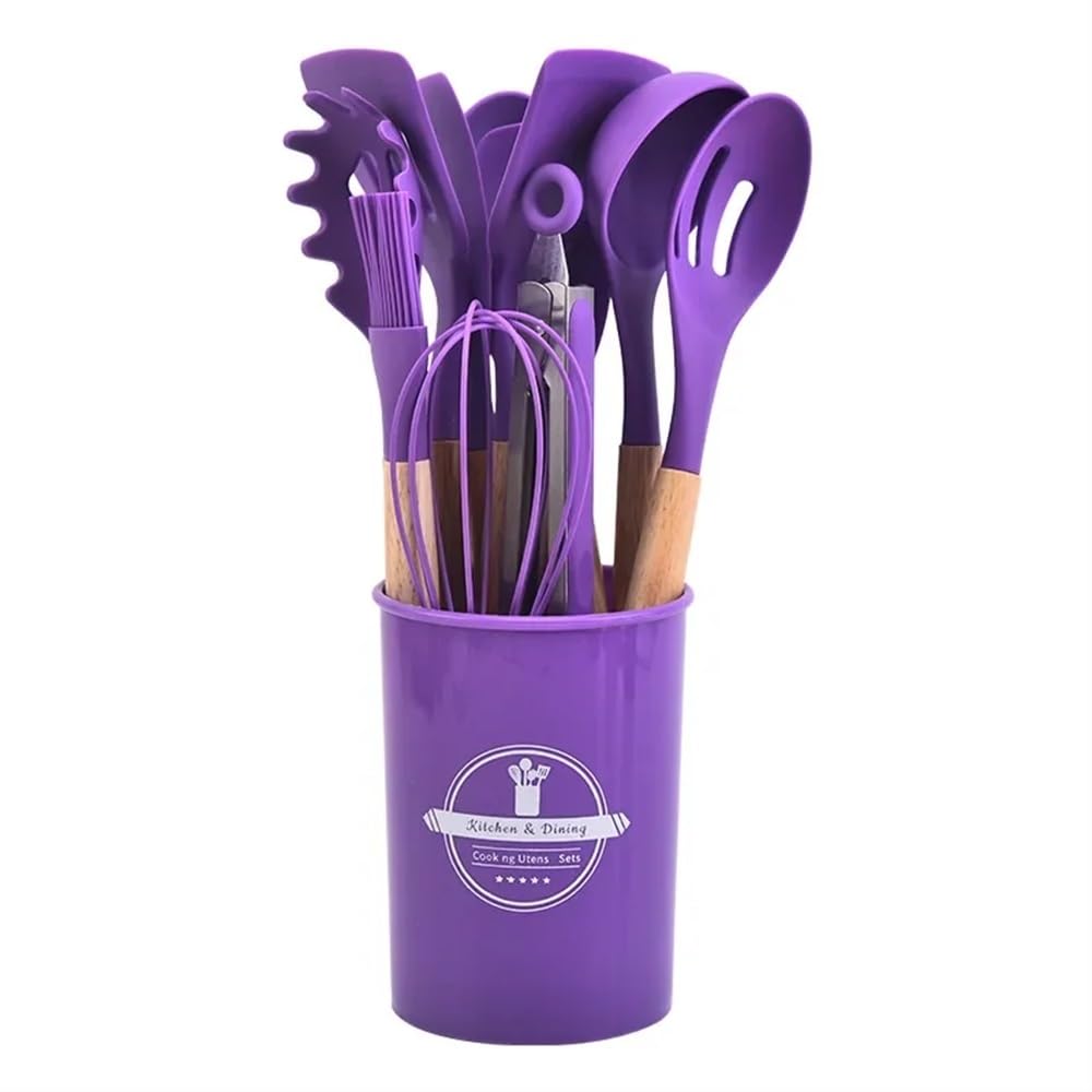 Fovaok Purple 12Pcs 12Pcs Silicone Kitchen Utensils Cooking Wooden Handle Non Stick Pot Kitchenware Set Storage Bucket Silicone Kitchen Utensils(Purple 12Pcs)