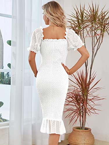 Senfure Short Puff Sleeve Swiss Dot Midi Bodycon Dresses Casual Square Neck Elegant Fitted Mermaid Dress #TOP4