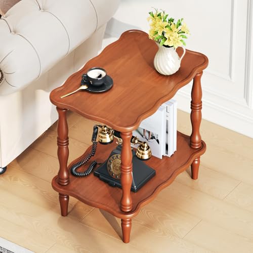 Image of Uniclinens Solid Wood End Side Table - Small Wooden Nightstand for Living Room Bedroom, Retro Brown
