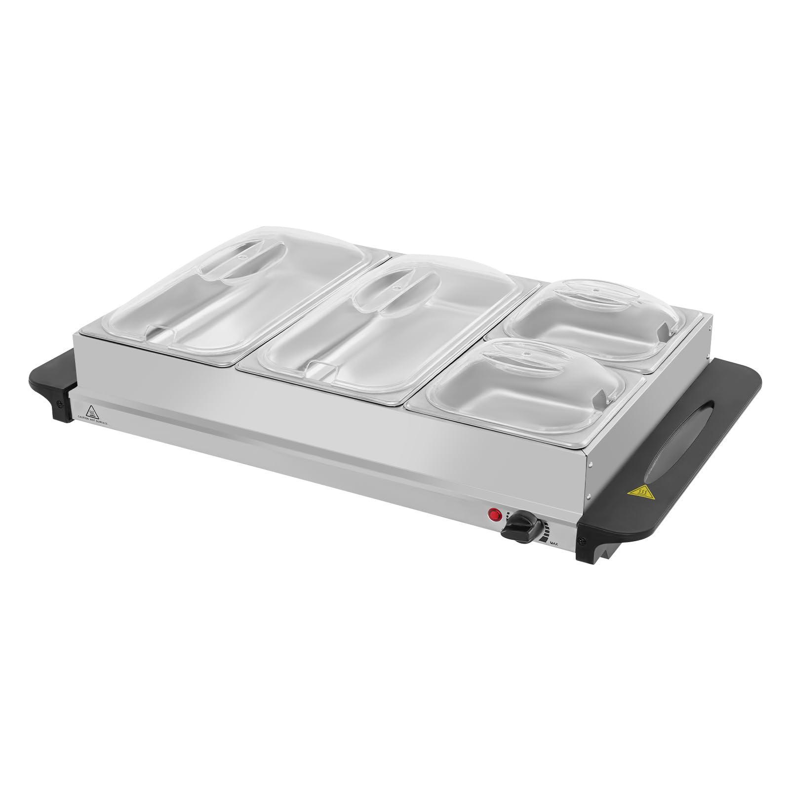 Scaldabagno a buffet in argento, con 4 vassoi estraibili e piastra di mantenimento in caldo, temperatura regolabile, per buffet, eventi di catering, sale da pranzo dell'hotel, 65 x 38,5 cm, 6,5 cm