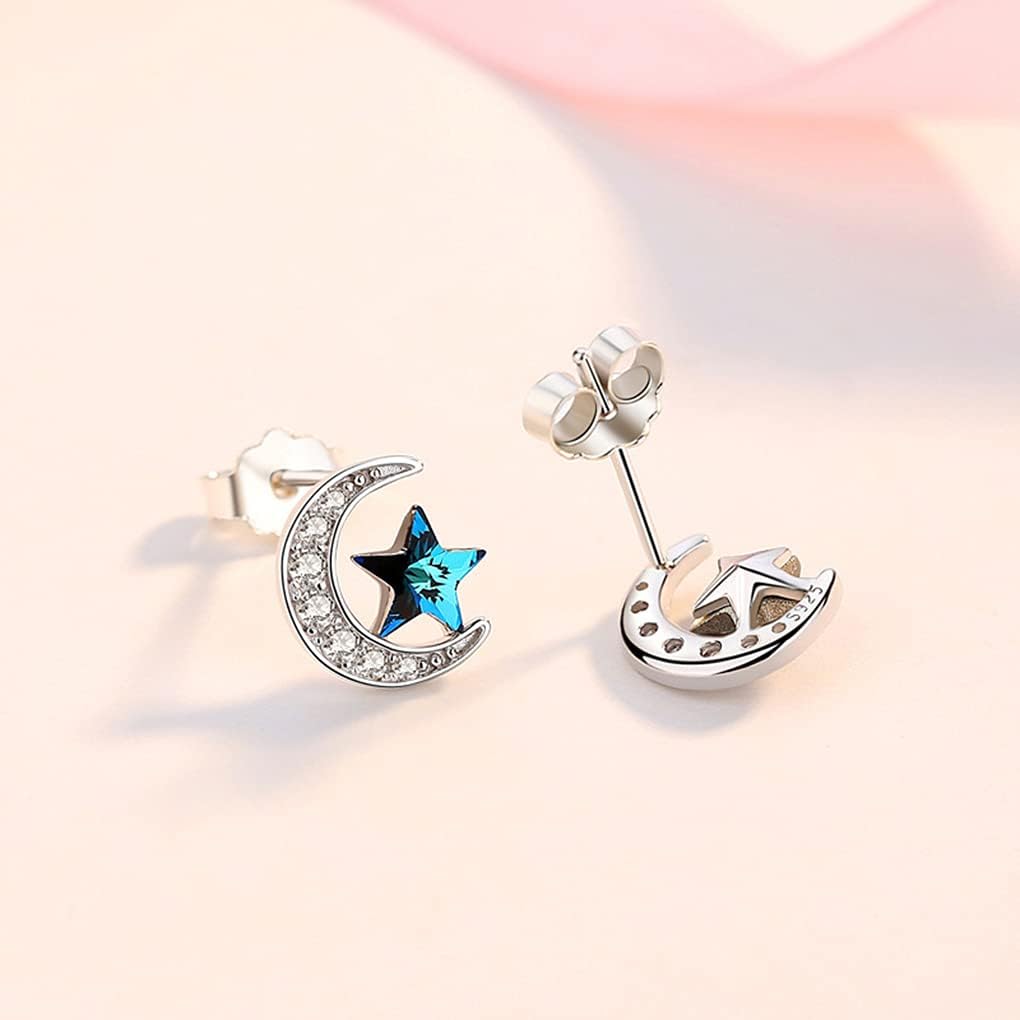 SLUYNZ 925 Sterling Silver Star Moon Earrings Studs for Women Moon Studs Earrings Blue Crystal Cubic Zirconia Earrings - Image 5