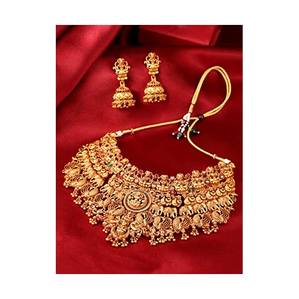Yellow Chimes Jewellery Set for Women Gold Plated Traditional Temple Jewelry Set Antique Necklace Set with Earrings and Maangtikka for Women and Girls - Image 5