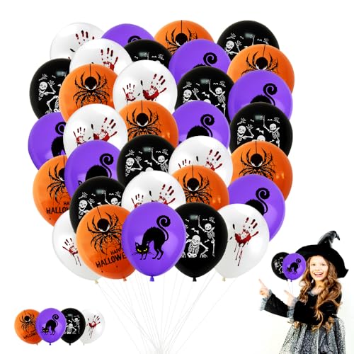 32 PCS Halloween Balloons 12 Inch Black Orange Purple Transparent Sequins Balloons Ghosts Witches for Halloween Family Ghost Party Decoration Supplies