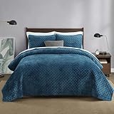 Liians Velvet Bedspread Quilt Bedding Sets,Luxury Elegant Ultra Soft Velvet Comforters Coverlet Blankets,Weave Stitching Pattern Cotton Quilted Bedspread for All Seasons,Azure Blue,King Size