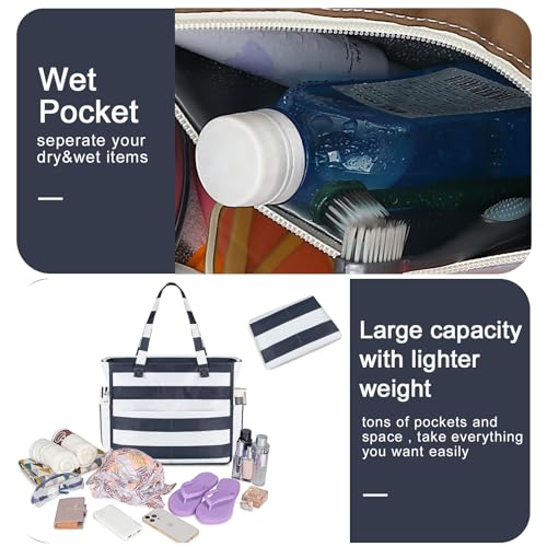 Image of Waterproof Beach Tote Pool Bags for Women Ladies Extra Large Gym Tote Carry On Bag With Wet Compartment for Weekender Travel