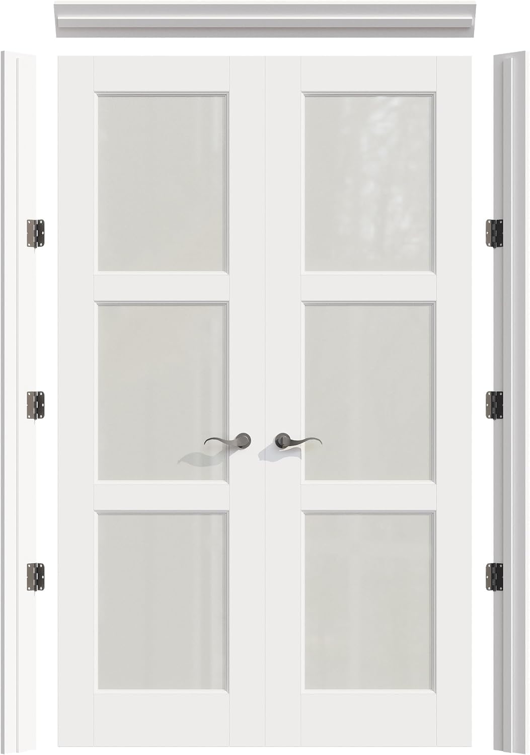 Prehung French Door 60" x 80" (2x30 in), Tempered Frosted Glass Door Slabs with Jamb, Black Hinges, 4 Levers & Latch, Solid Core Interior Door, Pre-Finished & Paintable, MDF Double Doors Interior