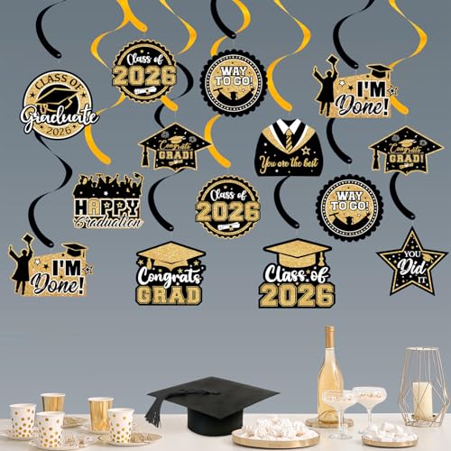 Image of 20 Pack Graduation Party Decorations 2026 - Congrats Grad Hanging Decoration, Black Gold Glittery Graduations Hanging Swirls Ceiling Streamers Ornaments for Class of 2026 Graduation Decorations Favors