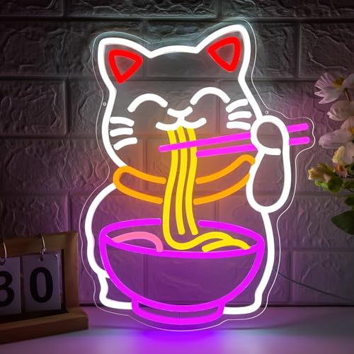 Fortune Cat Ramen Neon Sign Dimmable Japanese Noodles Led Neon Signs for Wall Decor Anime Cartoon Cat Lights Signs for Noddles Resturant, Business, Kitchen Dining, Store Home