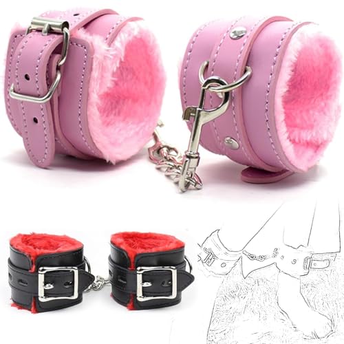 2025 Newly Upgraded 2 Set PU Leather Fleece Handcuffs (Chained Ankles and Wrists) Set Hand Cuff Set for Adults Bedroom Handcuffs Fuzzy for Adults with Safety Release Sweater Yoga ENJ0D