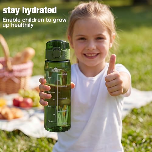 Image of GOPPUS 20oz Kids Water Bottle with Time Marker & Handle, Tritan BPA-Free, Reusable Leakproof Anti-Dust Everyday, Clear Kids Water Bottles For School,Car Travel, Gifts Boys Girls(Olive Green)