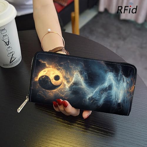 Image of RFID Blocking Leather Wallet for Women - Large Capacity Zip Around Clutch with 8 Card Slots,11 Cash Pockets & Coin Zipper,Tai Chi Yin Yang Diagram