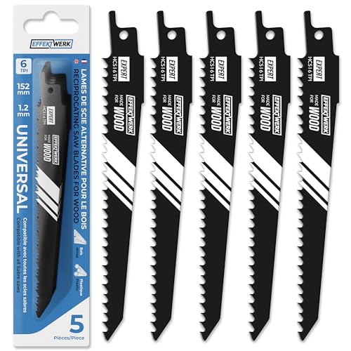 EFFEKTWERK Lames de scie alternative pour bois (5 pièces) pour la coupe du bois et du plastique, lames de scie sabre en acier à haute teneur en carbone (HCS)...