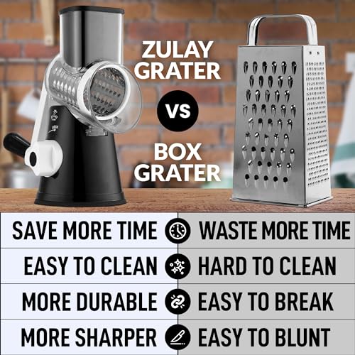 Zulay Rotary Cheese Grater 3 Blade Cheese Shredder - Manual Hand Crank Cheese Grater With Reinforced Suction & 3 Interchangeable Drums - Easy to Use Vegetable Chopper - Black #1
