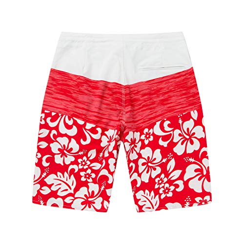 Men's Spandex Hawaiian Beach Board Shorts with Zipped Pocket in Classic Hibiscus Print4