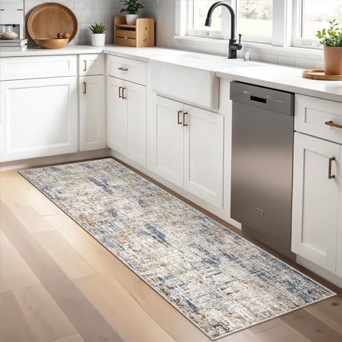 2x5 Non-Slip Washable Runner Rug – Modern Neutral Abstract Small Rug for Hallway, Kitchen, Bathroom, Bedroom, Entryway, Laundry Room – Thin Soft Low-Pile Rubber Backing（Blue Brown）