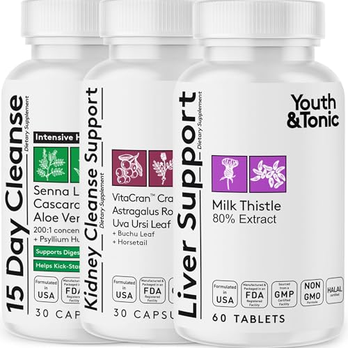 Youth & Tonic 3X Body Cleanse and Detox Pills for Women & Men with Liver, Kidney, Colon Supplements to Support Healthy Functions and for Loss of Unwanted Impurities and Metabolic Waste. 120 Capsules