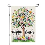 CROWNED BEAUTY Happy Easter Tree Garden Flag 12x18 Inch Double Sided for Outside Small Burlap Holiday Eggs Floral Yard Decoration CF1734-12