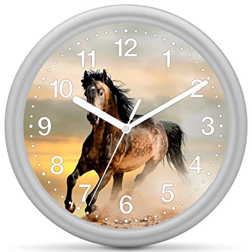 Eurotime 82224-07 Horloge murale à quartz 25 cm, boîtier en plastique argenté, verre en plastique, cadran clair à 12 chiffres avec motif cheval, mouvement...
