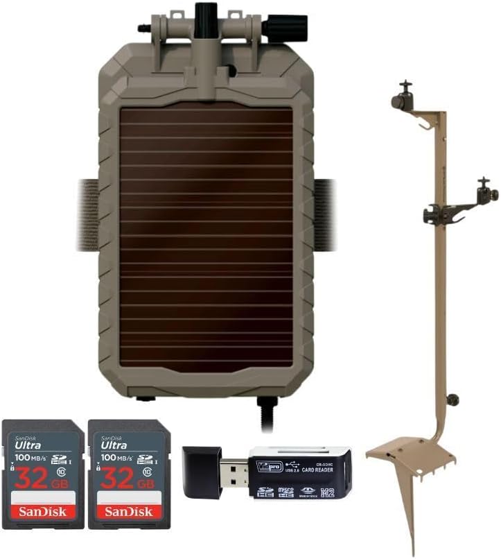 Stealth Cam Adjustable Multi-Pivot Mounting Post for Trail Camera Bundle with Sol-Pak 5000mAh Lithium-Ion Solar Battery, 4-in-1 USB Card Reader, and 32GB Memory Card