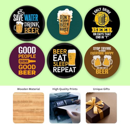 Image of Zesta Coasters for Cups Set of 6 / Wooden Coasters for Bar Accessories for Home /Tea Coaster Set of 6 / Waterproof Dining Table Decor Glass Cover (Beer, Circle)