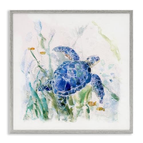 Stupell Industries Pleasant Aquatic Blue Sea Turtle Swimming Ocean Plants, Design by Sally Swatland, 24 x 24, Grey Framed