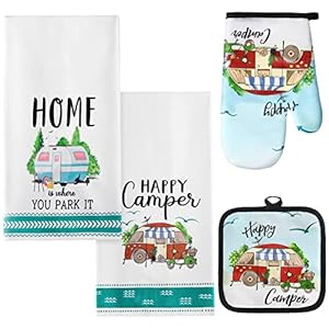 4 Pcs Camping Towels Set, Making Memories One Campsite at a Time RV Dish Towel, Funny Camping Dish Towels Dish Cloths, Soft and Absorbent Pot Holder, Camping Oven Mitt (Cute Style)