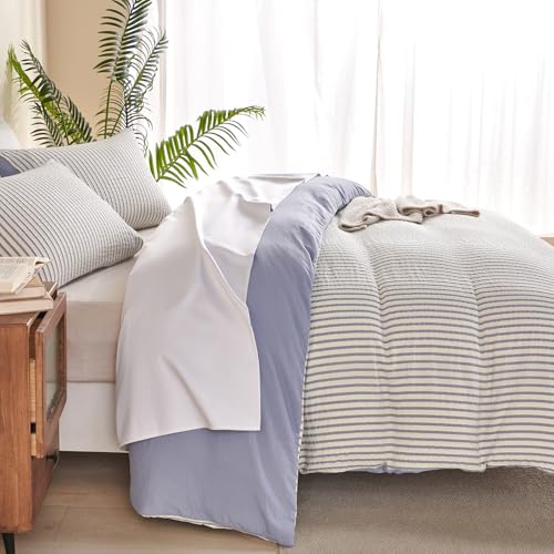 Image of Blue Striped Comforter Set Queen - 3 Pieces Bedding Comforter Set for All Season, Soft Lightweight Washed Microfiber, 1 Striped Comforter and 2 Pillowcases (Blue, Queen Size)