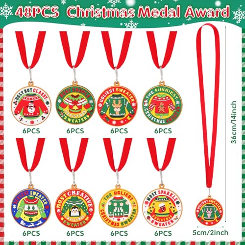 relaxgiant 48 pcs ugly sweater medal award 2 inch christmas ugly sweater trophy pvc ugly sweater contest prizes with neck ribbon for holiday party favors christmas tree ornaments